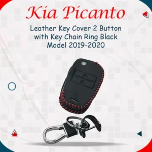 Kia Picanto Leather Key Cover 2 Buttons with Key Chain Ring Black - Model 2019-2020